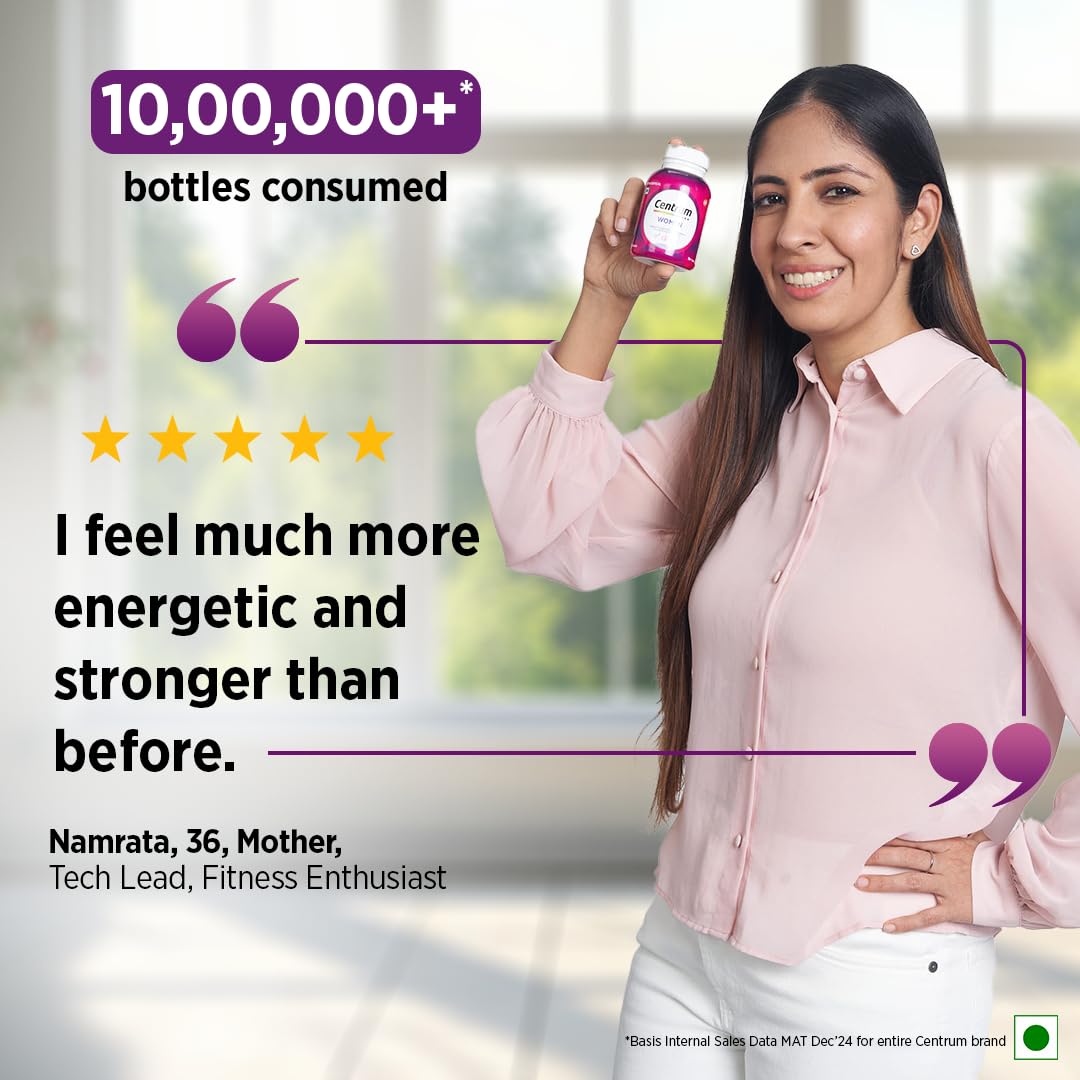 Centrum Women, World'S No.1 Multivitamin With Biotin, Vitamin C & 21 Vital Nutrients For Overall Health, Radiance, Strong Bones & Immunity (Veg) Pack Of 50 Tablets, 73 Grams, 50 Servings