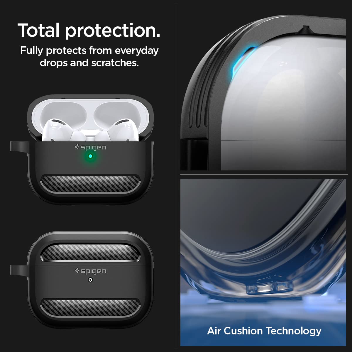Spigen for AirPods Pro 2(2022/2023) Case, Carabiner Included, Durable, Shock-Proof Cover, (Rugged Armor) - Matte Black