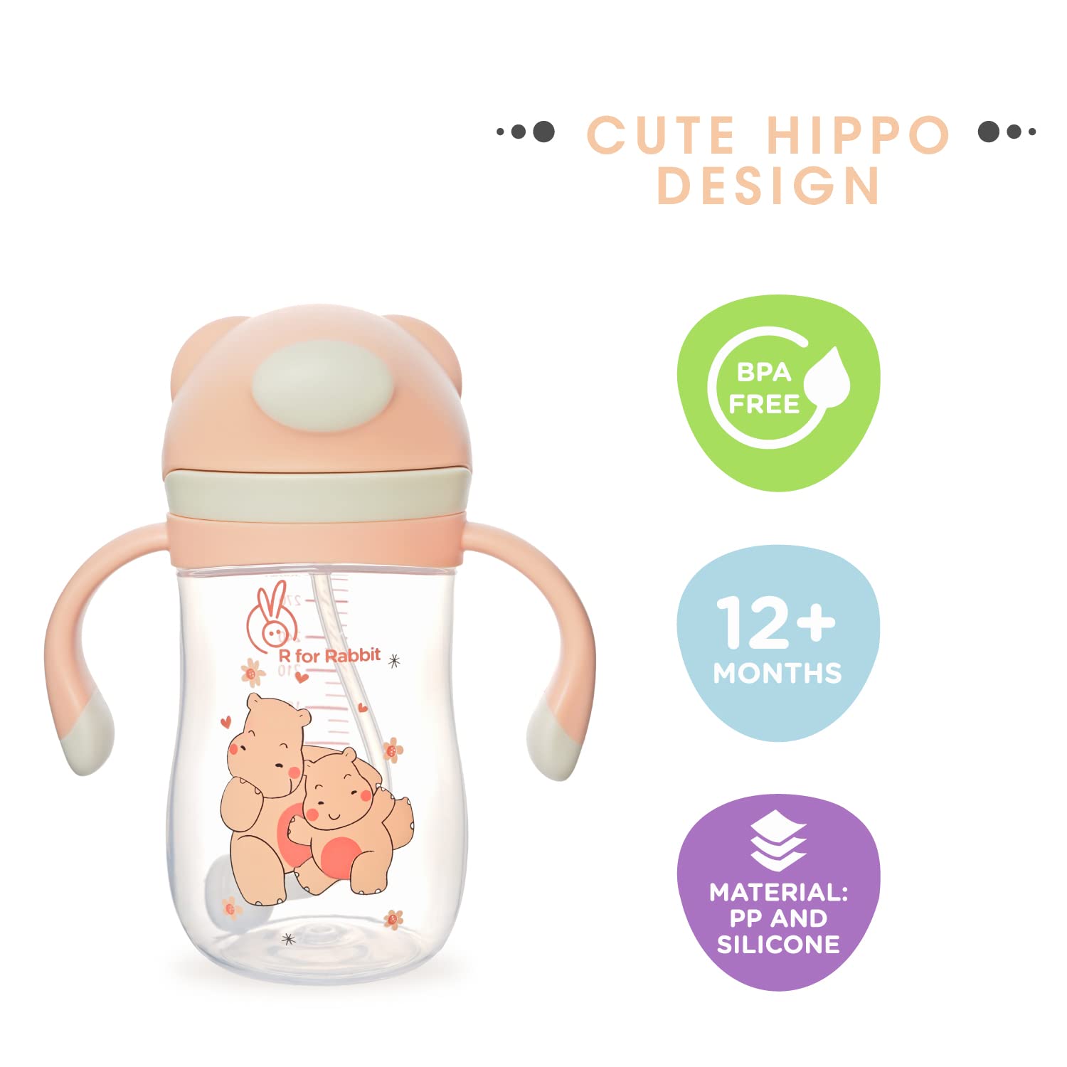 R for Rabbit Premium Hippo Baby Straw Sipper Bottle |10 fl oz | Anti Spill Sippy Cup with Soft Silicone Straw BPA Free & Non-Toxic for Baby or Kids of 12 Months -(300 ml Yellow)