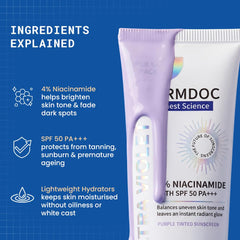 DERMDOC SPF 50 Ultra Violet Brightening Tinted Sunscreen with 4% Niacinamide, 100g | PA +++ | With Purple Tint | Evens Skin Tone | Lightweight | UVA & UVB Protection | Zero White Caste