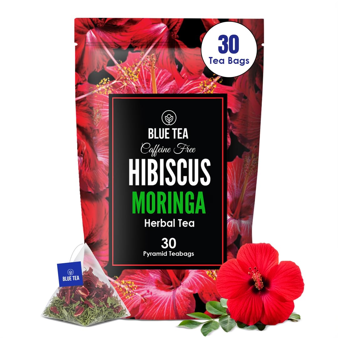 BLUE TEA - Hibiscus Moringa Tea - 30 Tea Bags - Plant Based | Rich in Antioxidants | Boosts Immunity | Glowing Skin | Supports Heart Health | Caffeine Free - Herbal Tea | Ziplock Pack