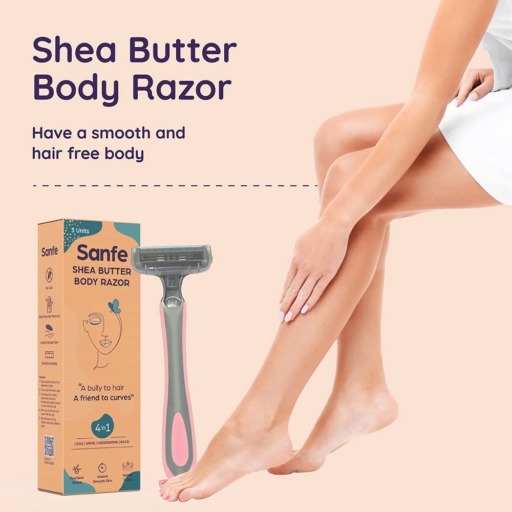 Sanfe Shea Butter Body Razor for Women's Hair Removal-Pack of 3 with New No Cut & Bumps Tech | Safe Titanium Blades | Comfort Grip | Safe For Bikini Area | Instant Pain-Free Hair Removal