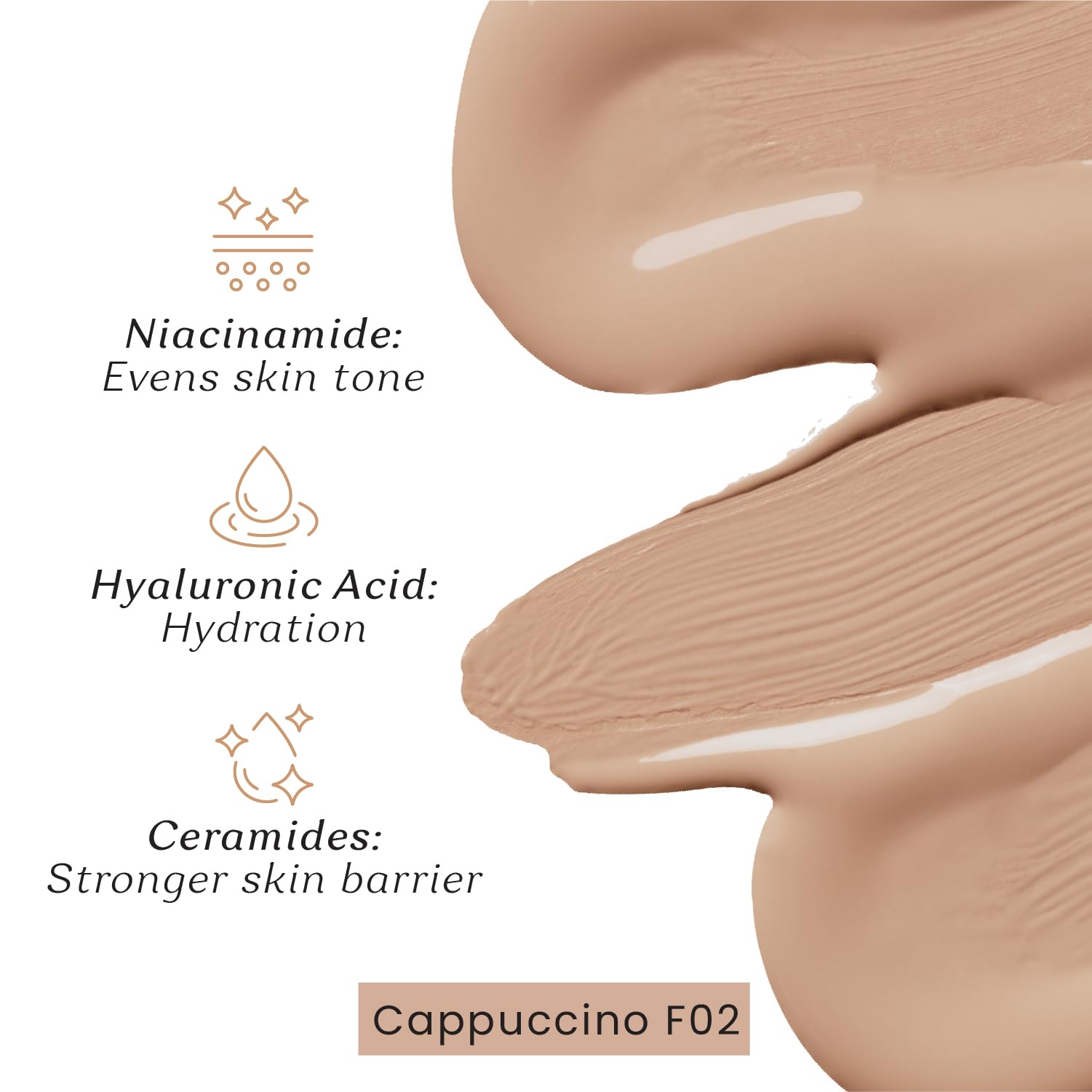 Color Cupid Truly Me Liquid Foundation | High Coverage, Easy Blend | Everyday Comfort, Longwear, Second skin finish | Triple power of Niacinamide, Ceramides and Hyaluronic Acid | Cappuccino | 30ml