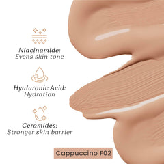 Color Cupid Truly Me Liquid Foundation | High Coverage, Easy Blend | Everyday Comfort, Longwear, Second skin finish | Triple power of Niacinamide, Ceramides and Hyaluronic Acid | Cappuccino | 30ml