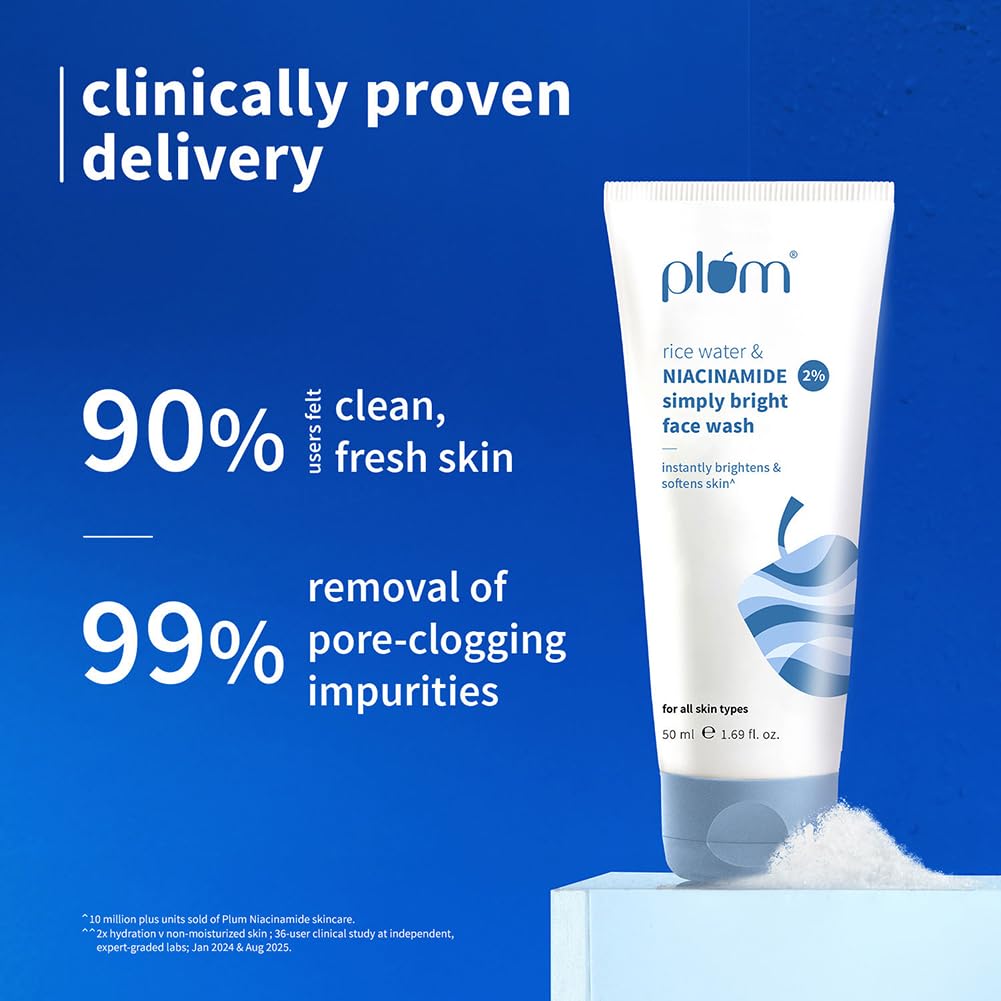 Plum Simply Bright 2% Niacinamide Face Wash With Rice Water | Brightens Skin, Helps Fade Blemishes | Softens & Smoothens Skin | Gentle & Non-Drying | Women & Men | 100% Vegan | 50 ml