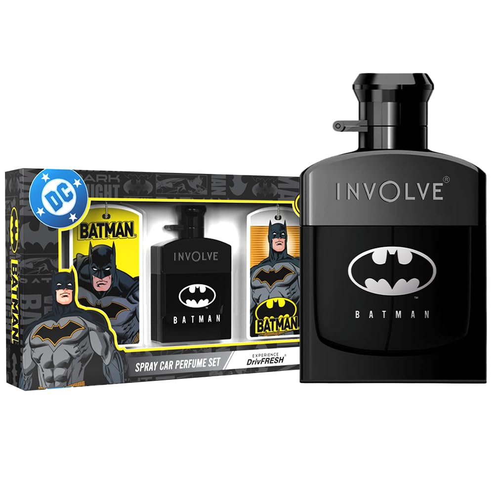 Involve Your Senses Batman Car Perfume Spray with 3 Hanging Cards | DC OFFICIAL MERCHANDISE from Warner Bros | Strong Aquatic Notes - WBSPRO1-50ml | Car Freshener