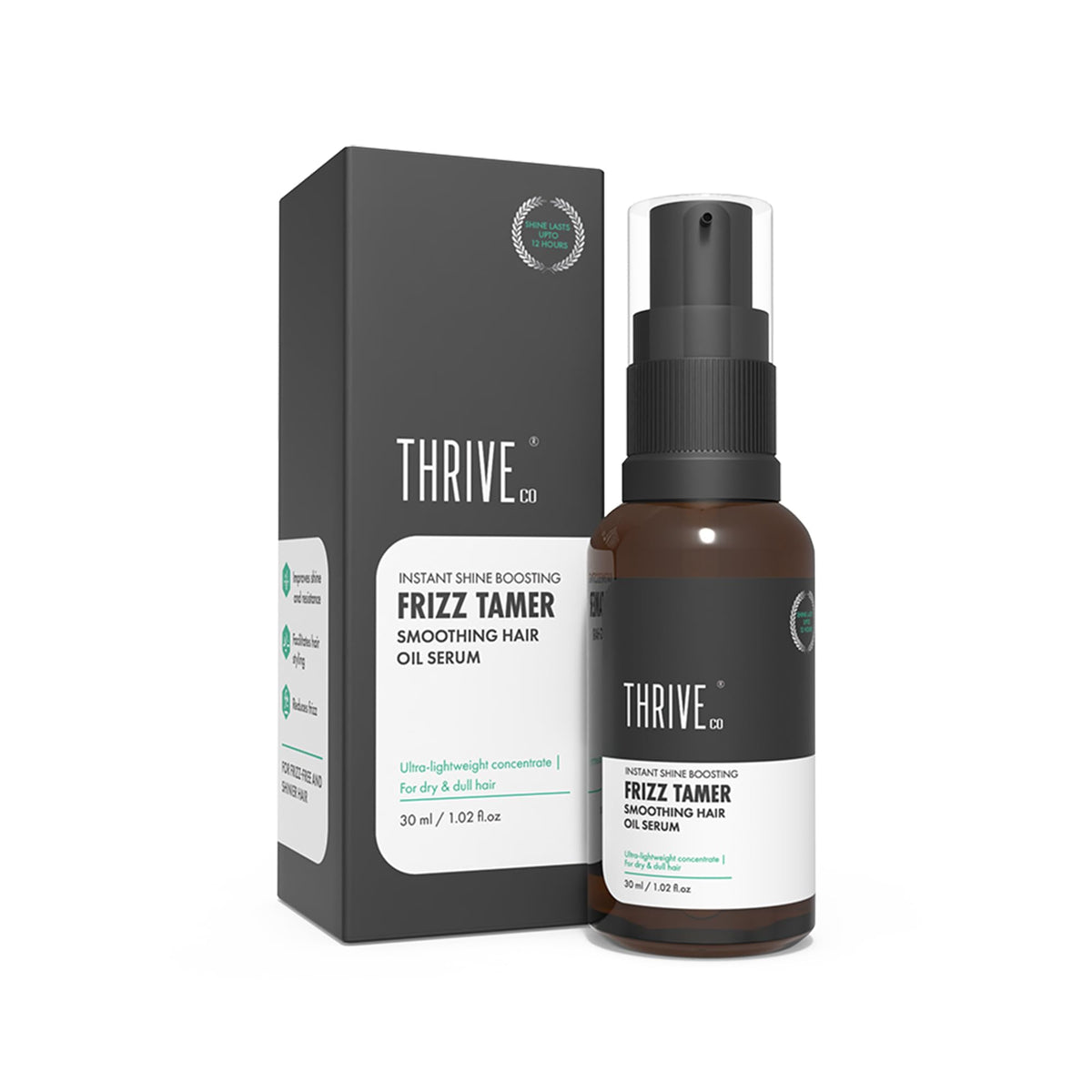 ThriveCo Frizz Tamer Smoothing Hair Oil Serum | For Smooth & Frizz-Free Hair | Gives Shine Up To 12 Hours | Hydrates Frizzy, Dry & Dull Hair | With Jojoba Oil, Mahua Oil | For Men & Women | 30ml