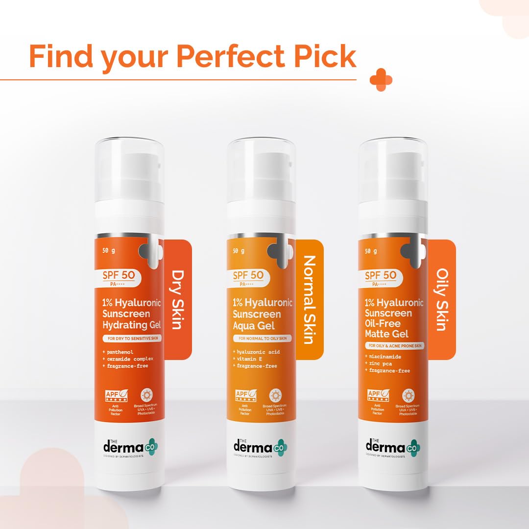 The Derma Co 1% Hyaluronic Sunscreen Oil-Free Matte Gel SPF 50 PA++++ | For Oily, Acne-Prone Skin | Lightweight Texture | No White Cast | Broad Spectrum Protection & Blue Light Protection