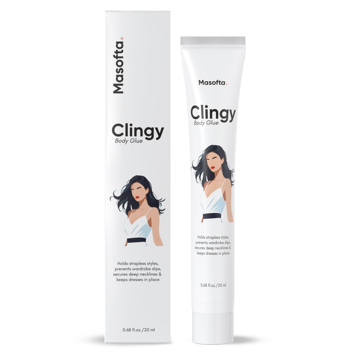 Masofta Clingy Body Glue – Sweat-Resistant, Skin-Safe Adhesive for Fashion & Styling | Strapless Outfit & Dress Fixer, Clothing Hold Roll-On, Secure Fit, Non-Irritating | 20 ml