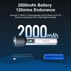 PHILIPS Portable Torch Light With Camping Light,400LM LED Flashlight Rechargeable,6 Lighting Mode,150M Coverage,Anti-Drop Handheld Flash Light For Indoor,Outdoor,Camping,Hiking,Emergency Light,Black