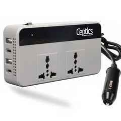 Ceptics 200W Car Laptop Charger/Power Inverter with 2 USB(3.1A Max) + 1 C Type(1 * 18W PD) Smart USB Charging Ports, 12V DC to 220V AC, 2X Universal AC Outlet, Grey
