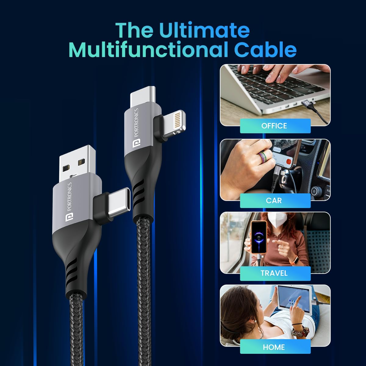 Portronics Konnect 4 IN 1 Unbreakable Nylon Braided Multi Functional Fast Charging Cable with Fast Data Transfer,For All Type C Android Smartphone & Lighting Device etc. - Wireless Accessory from Portronics - Shop in Sri Lanka at Arcade.lk