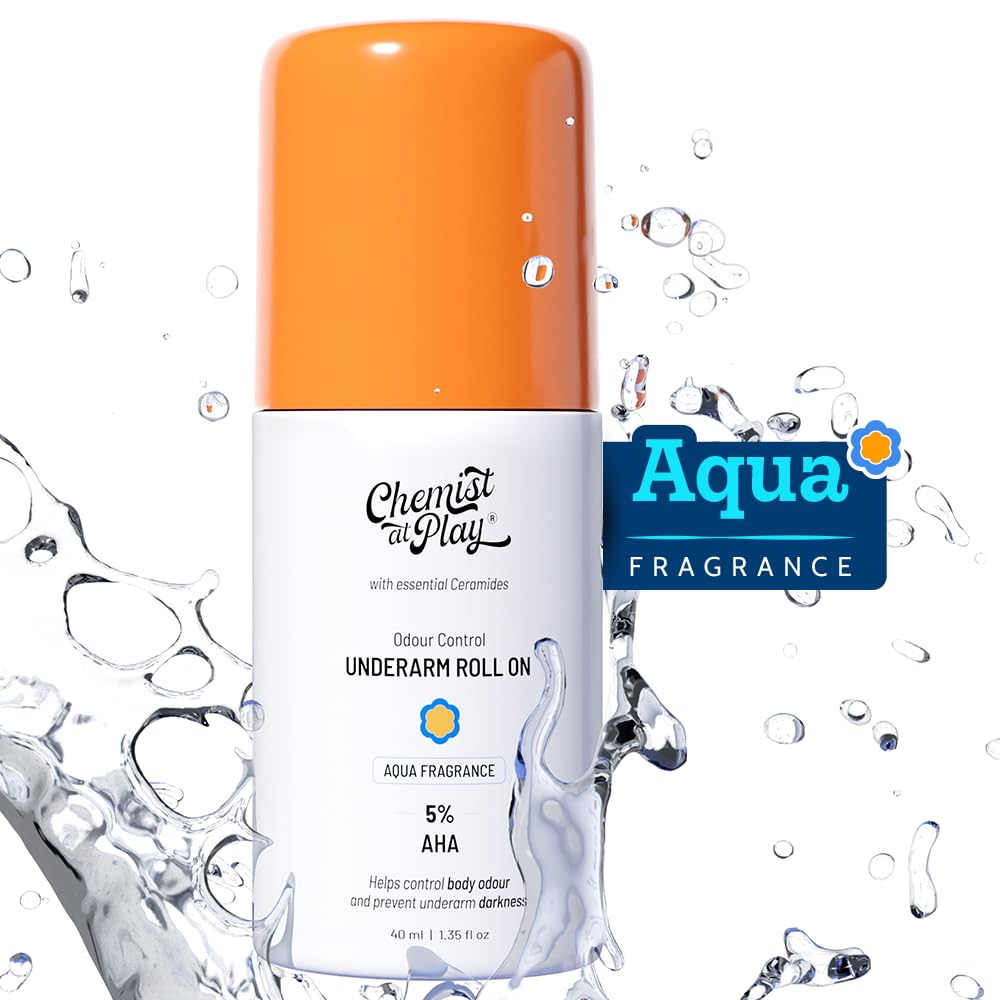 Chemist at Play UnderArm Roll-On with 5% AHA, Lactic Acid & 1% Mandelic Acid | Prevents Body Odour, Brightens Skin Pigmenttion & Exfoliates, For Sensitive Skin, Aqua Fragrance, No Alcohol - 40ml