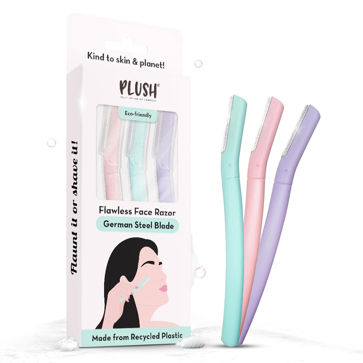 Plush Flawless Reusable Face Razor for Woman (Pack of 3) | Eyebrow & Facial razor with Single German Steel Blade | Instant & Painless Hair Removal for Upper Lips, Forehead, Sideburns