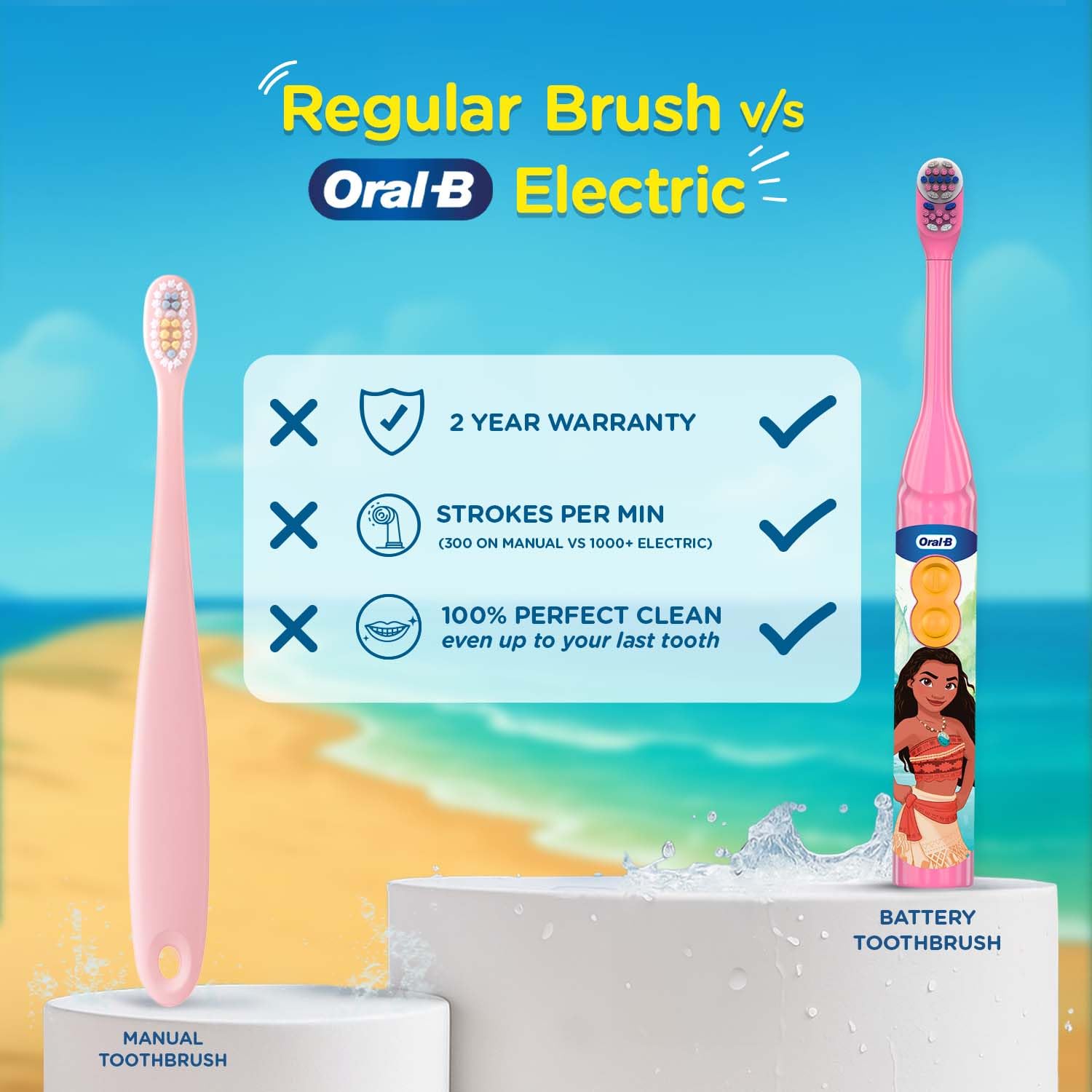 Oral-B Kids Moana Battery Electric Toothbrush, 90 Day Battery, IPX7 Water Resistant, Soft Bristles, Removes 100% More Plaque, 3+ Years