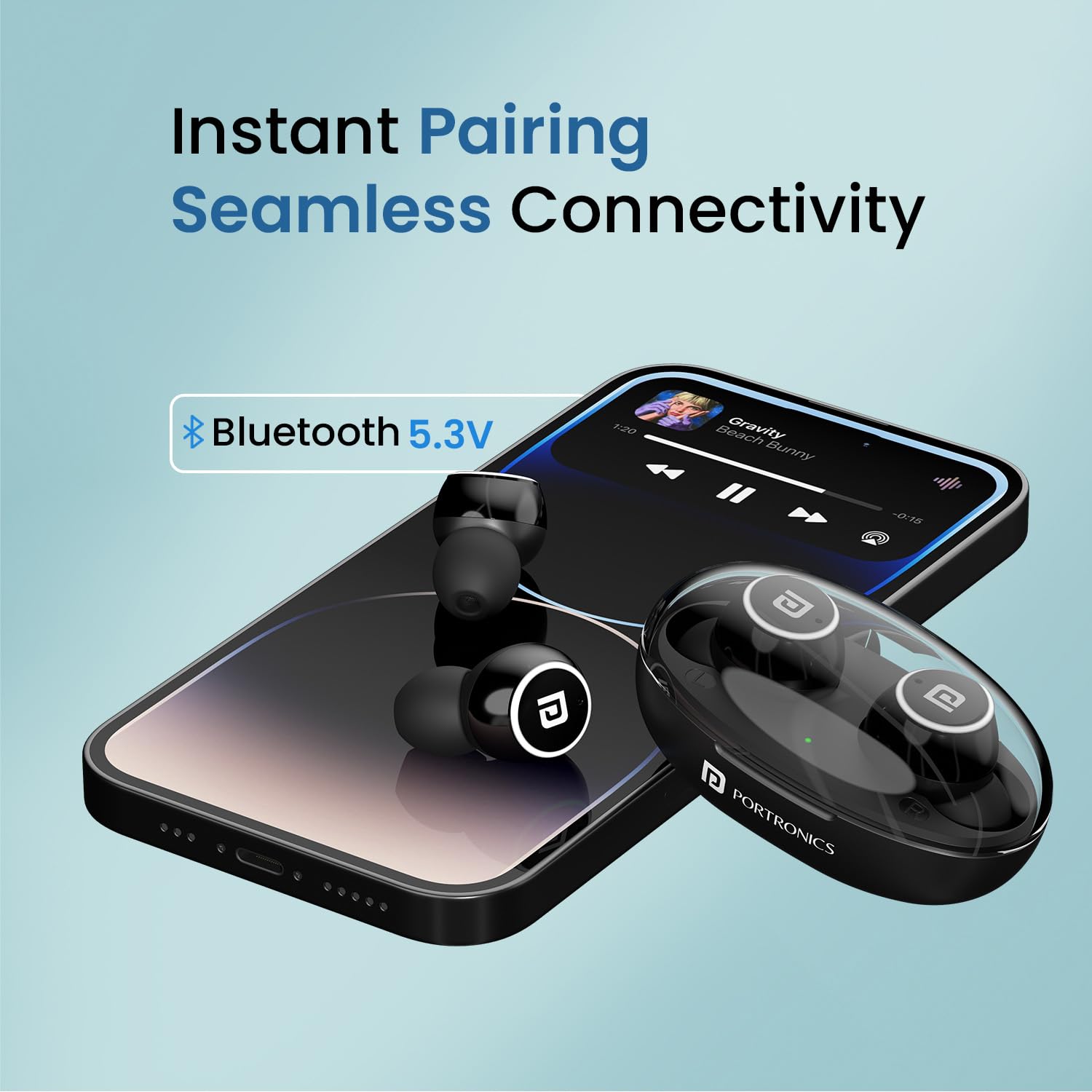 Portronics Harmonics Twins S13 in Ear True Wireless Earbuds with Mic, 24H Playtime, Game/Music Mode, Touch Control, 8mm Driver, Bluetooth 5.3v,IPX5 Water Resistance, Type C Fast Charging(Black)