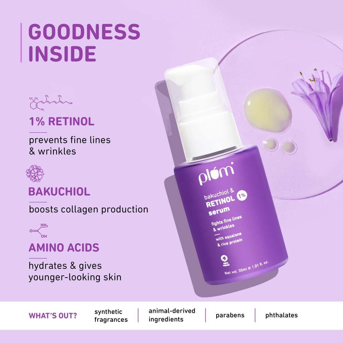 Plum 1% Retinol Anti-Aging Night Face Serum with Bakuchiol | Boosts Collagen, Reduces Fine Lines & Wrinkles | Retinol Serum for Face | for Women & Men | Beginner-Friendly | Suits All Skin Types | 30ml