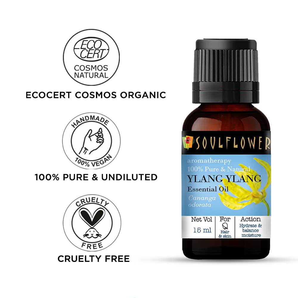 Soulflower Ylang Essential Oil for Strengthen Hair Roots, Control Hair Fall, Skin Moisture, Controls Acne, Aromatherapy - 100% Pure, Natural & Undiluted Premium Essential Oil, 15ml