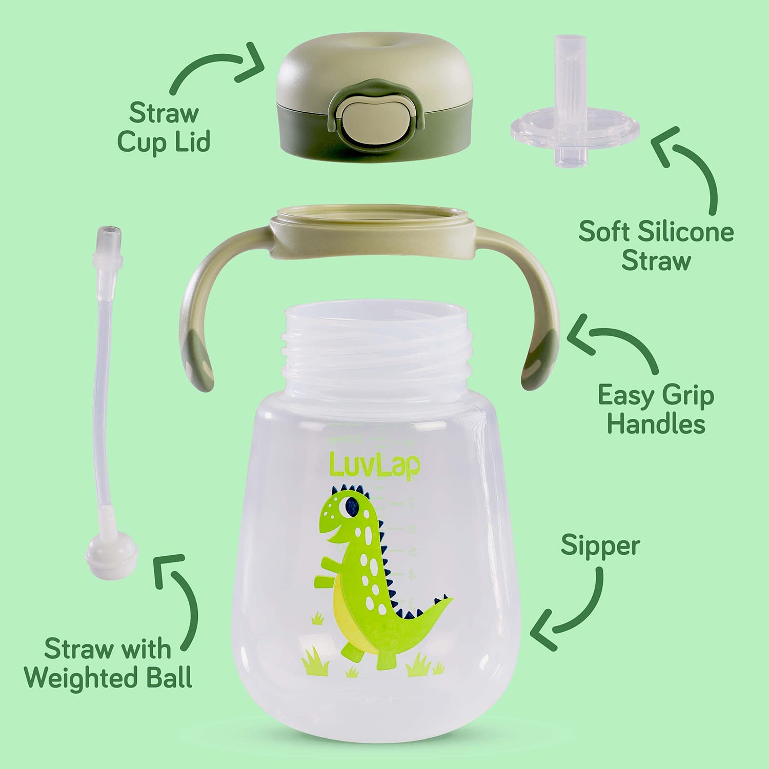 LuvLap Baby Bite Resistant Soft Silicone Straw Sipper Cup with Handle, with Weighted Straw, Sippy Cup with Anti Spill Lock, BPA Free, 6m+, 300 ml, Green - Baby Product from LuvLap - Shop in Sri Lanka at Arcade.lk