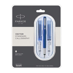 Parker Vector Standard Chrome Trim Calligraphy Fountain Pen | 7-Piece Set containts 2 Nibs, 2 Blue & 2 Black Ink Cartridges | Ideal for Creative Writing & Fine Detailing | Glammy.lk