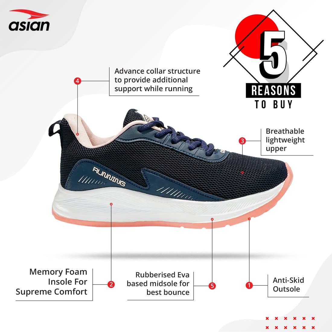 ASIAN FIREFLY-09 Max Cushion Technology Lightweight Eva Sole with Memory Foam Insole Casual & Sports Sneaker Shoes for Women & Girls Navy Pink, 4 UK