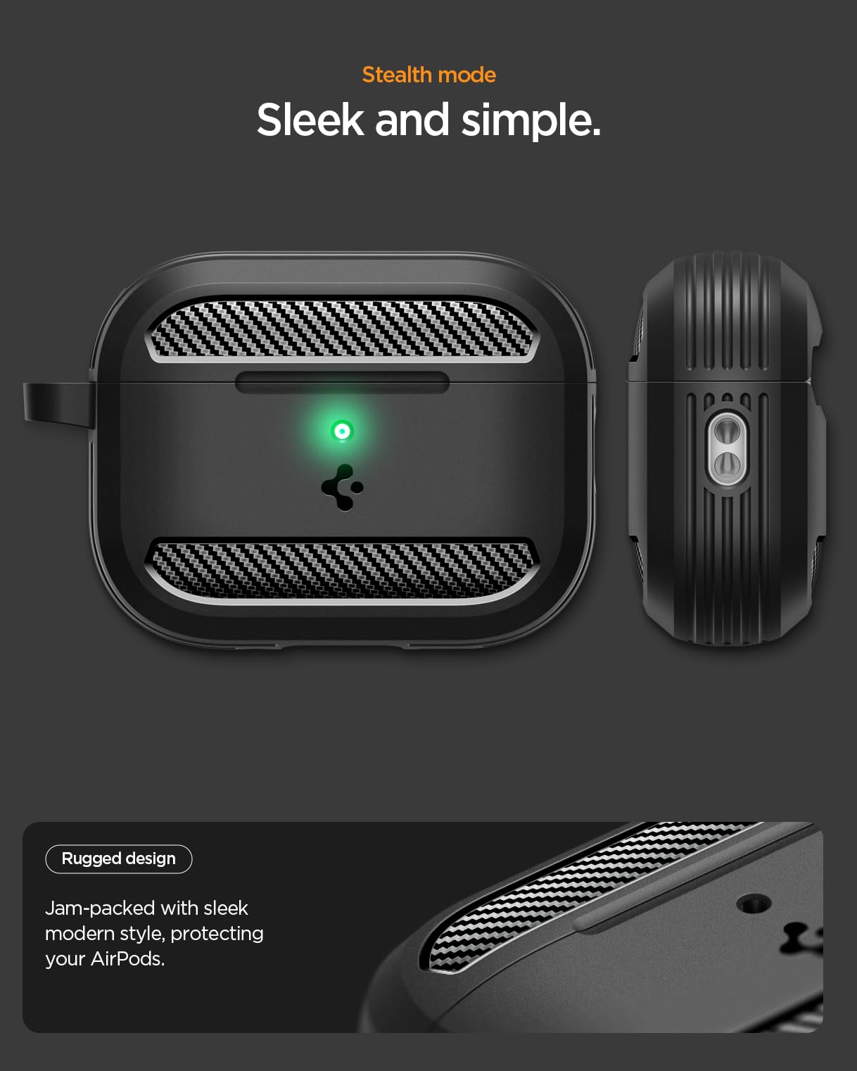 Spigen AirPods Pro 3 Cover Case, Carabiner Included, [Shock Proof] [Light & Compact], Rugged Armor - Matte Black
