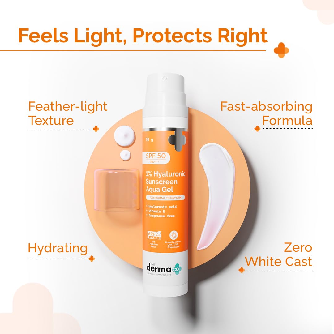 The Derma Co 1% Hyaluronic Sunscreen Aqua Gel SPF 50 PA++++ | Hyaluronic Acid for Deep, Long Lasting Hydration | Ultra Lightweight Texture I Non-Greasy, No White Cast | Broad Spectrum Protection & Blue Light Protection | 50g