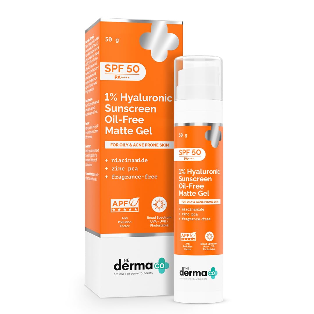 The Derma Co 1% Hyaluronic Sunscreen Oil-Free Matte Gel SPF 50 PA++++ | For Oily, Acne-Prone Skin | Lightweight Texture | No White Cast | Broad Spectrum Protection & Blue Light Protection