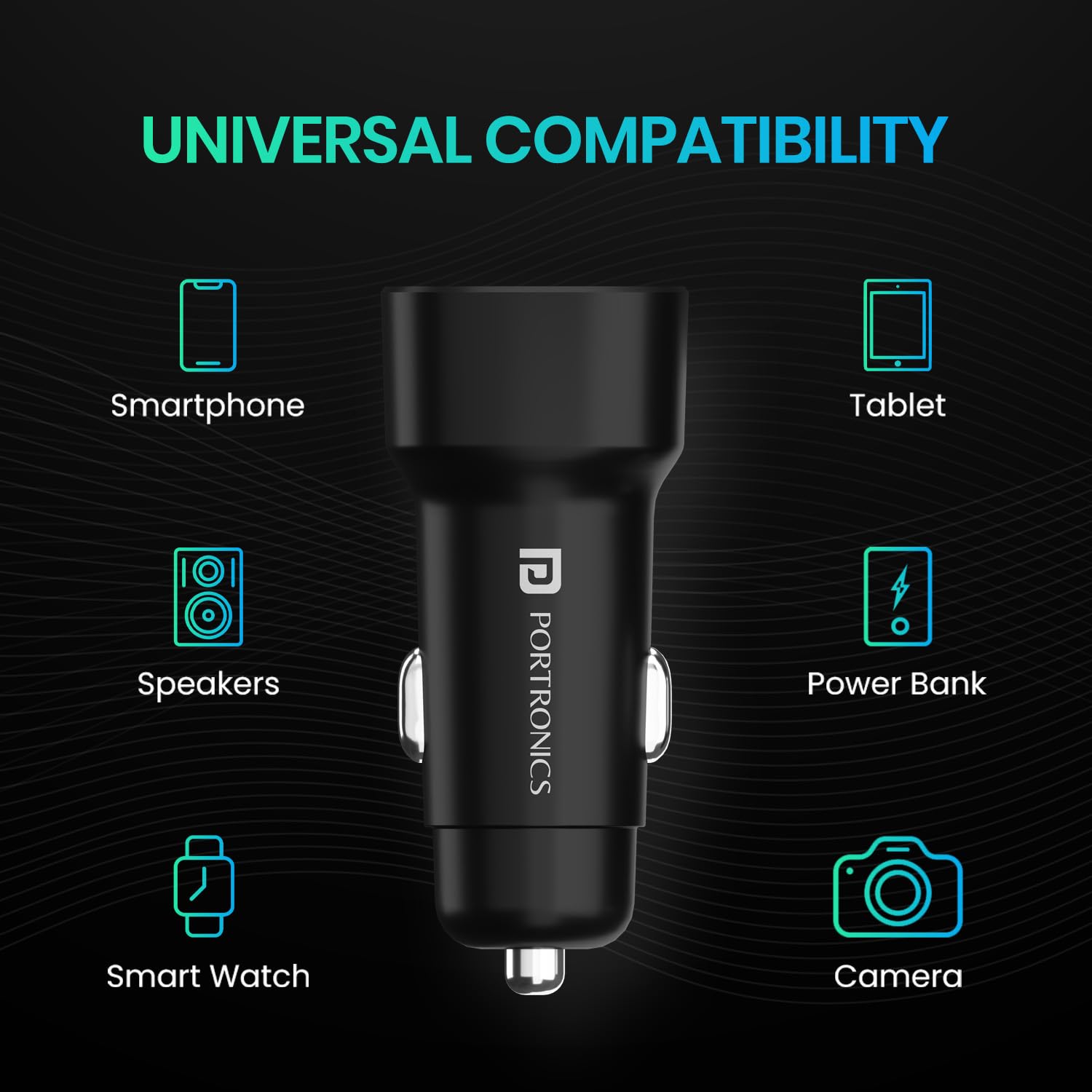 Portronics 80W Dual Output Fast Car Charger with Type-C PD & USB, LED Indicator, Charging Adapter Compatible with Cars for iPhone & Android Smartphone, Earbud, Power Bank (Black)