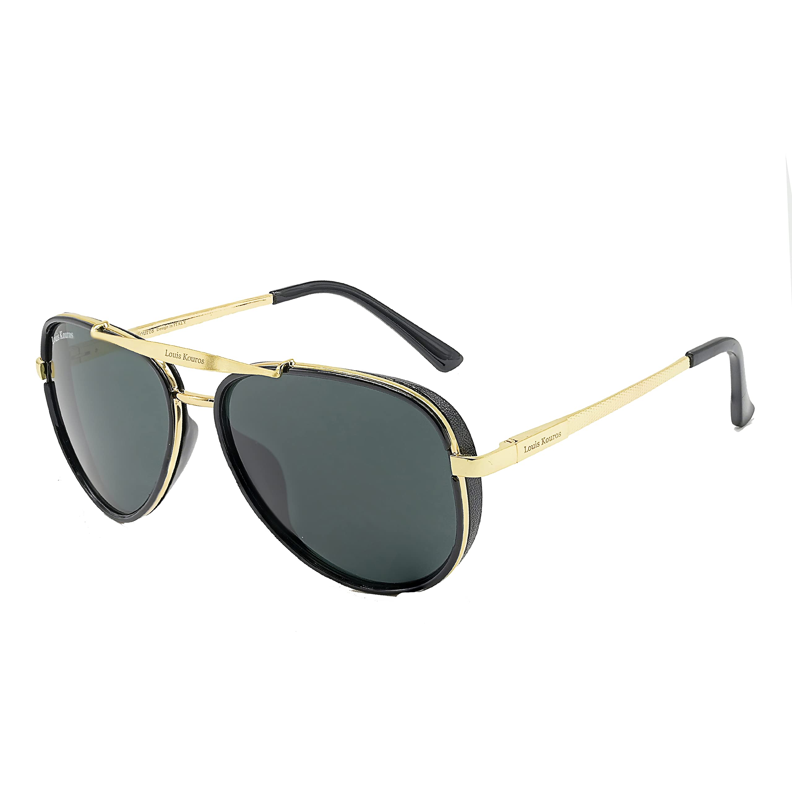 Louis Kouros Cherokee Aviator Classic 4414 sunglasses | Gold Frame | Black Lens | Mirror Lens | 400 UV Protected | For Men & Women | Medium