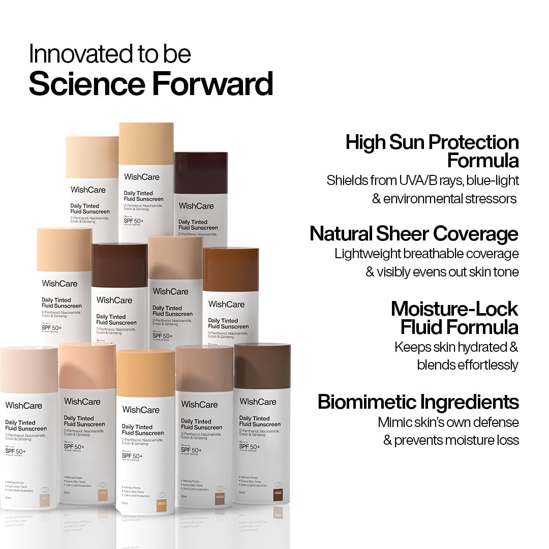 WishCare Daily Fluid Tinted Sunscreen SPF50 PA++++ | M201 | Broad Spectrum Protection for all skin types| In-Vivo Tested Tinted Sun Screen | D-Panthenol, Niacinamide, Ectoin & Ginseng | 50ml