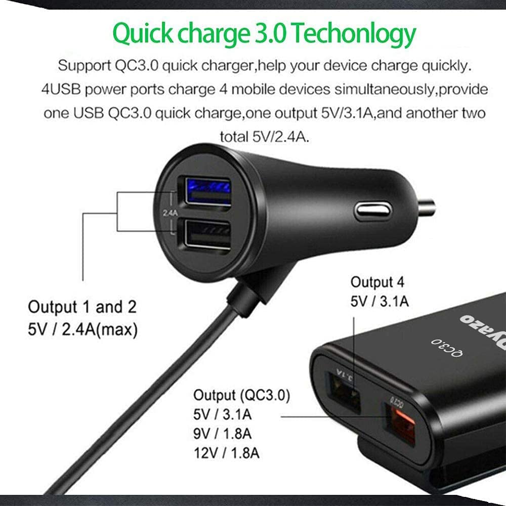 Dyazo QC 12V Fast Car Charger Back Seat Charging 4 USB Ports Compatible for Qualcomm 3.0, Samsung Galaxy, Note, iPhone, Nexus, Vivo, Oppo,Pixel, Mi & Other Mobile Phones with Free Type C Cable - Wireless Accessory from Dyazo - Shop in Sri Lanka at Arcade.lk