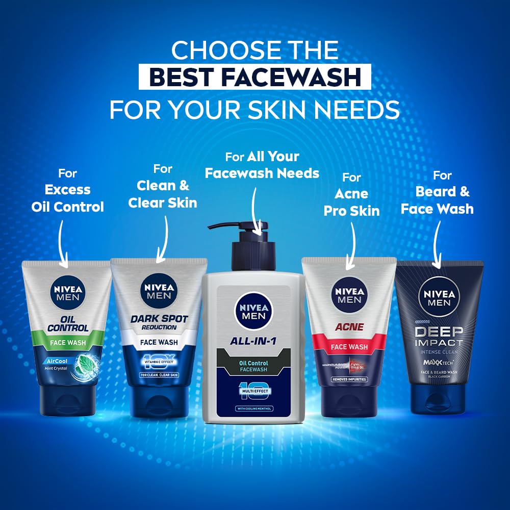 NIVEA MEN All in 1 Charcoal Face Wash | Natural Charcoal, Gluta, AHA & Vitamin C | Helps Reduce the Appearance of Tan | Removes Excess Oil and Minimizes Pores | For Bright Radiant Skin | 150g
