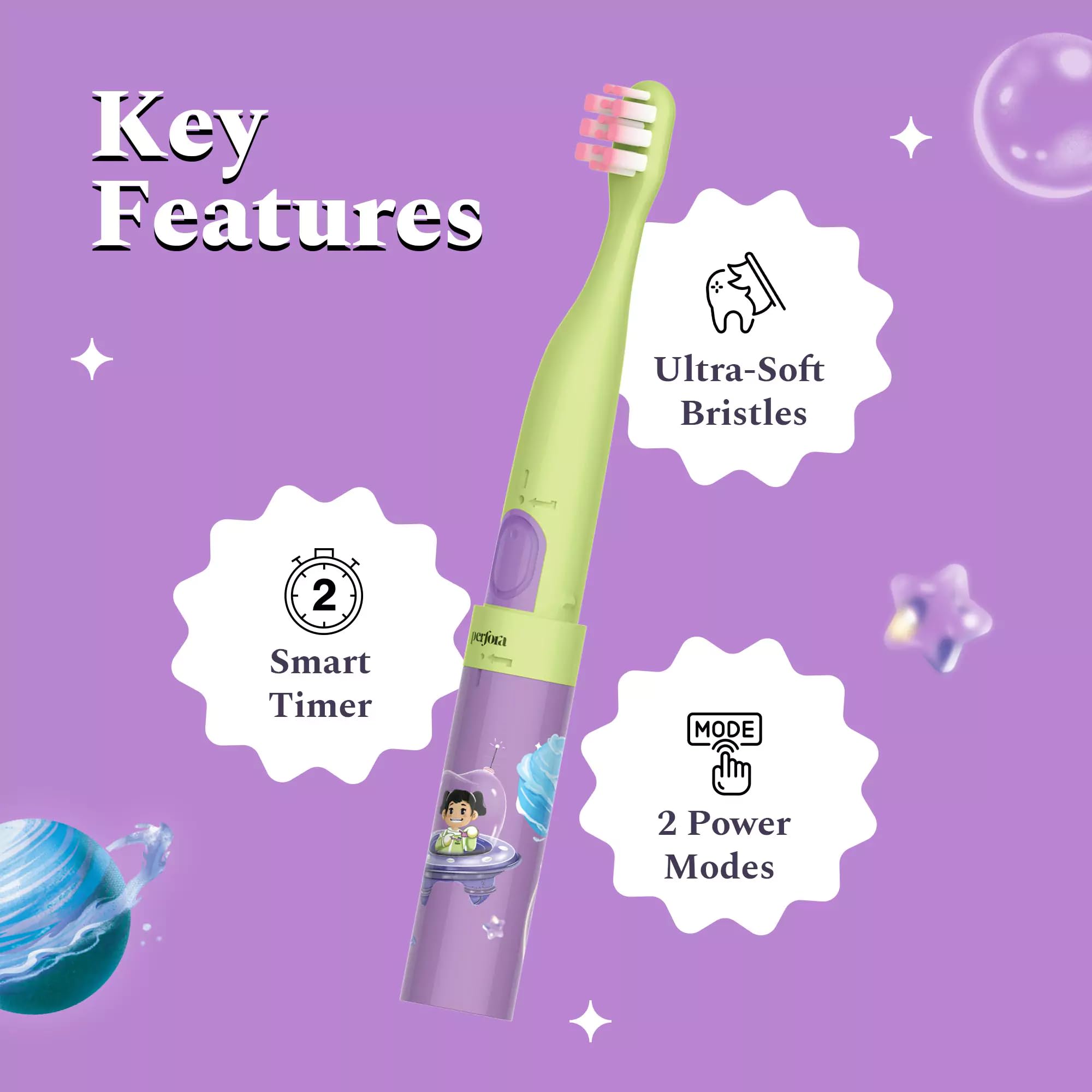 Perfora Electric Toothbrush For Kids | AAA Battery Powered, 90 Day Battery Life | 2 Brushing mode | With 2 Brush Head & Travel Cover | Age 3-8 | Electric Brush For Kids Oral Care