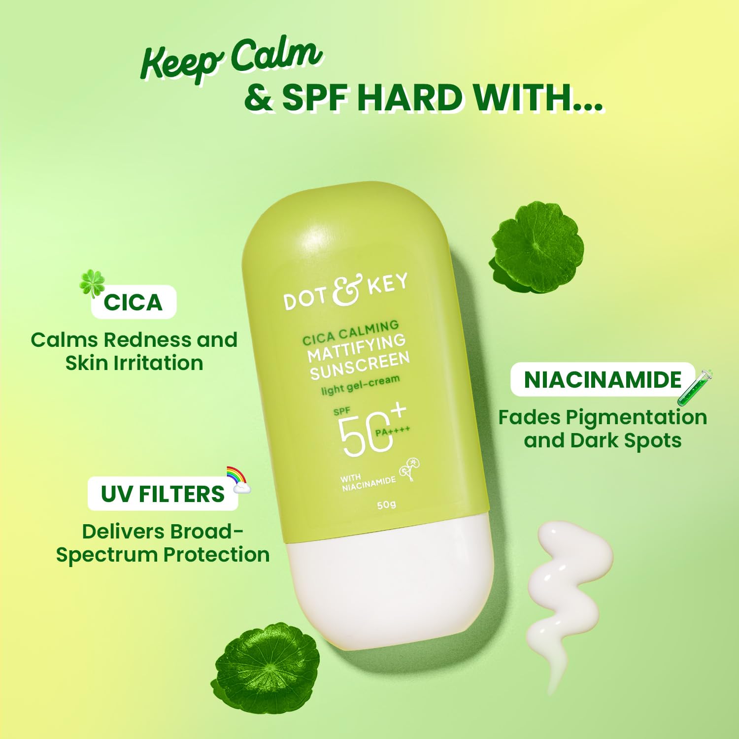 Dot & Key CICA Calming Mattifying Sunscreen SPF 50 PA++++ In-Vivo Tested | For Oily Acne Prone & Sensitive Skin | UVA/UVB Protection | No White Cast, Ultra Light, Fragrance Free | 50g