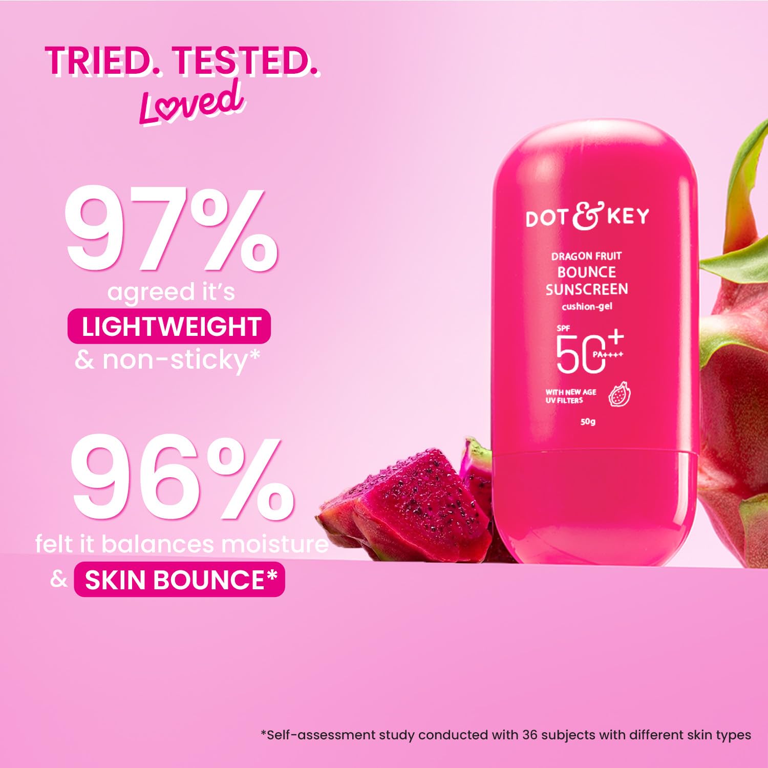 Dot & Key Dragon Fruit Bounce Sunscreen In-Vivo Tested SPF 50+ PA++++, With New-Age UV Filters, Lightweight, Cushion-Gel Texture, Fast-Absorbing, Niacinamide Infused, Broad Spectrum Protection || 50g