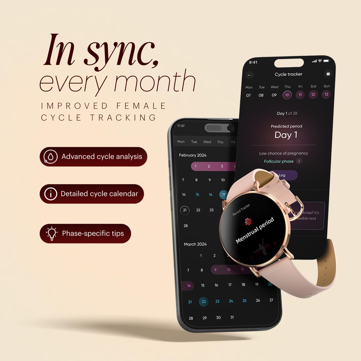 Noise Diva 2 Smart Watch for Women - Sleekest Dial, 36mm AMOLED Display, Snug Fit, Improved Female Cycle Tracker, BT Calling, Sleep Tracking, AI Voice Assistant, Password Protection(Rose Link)