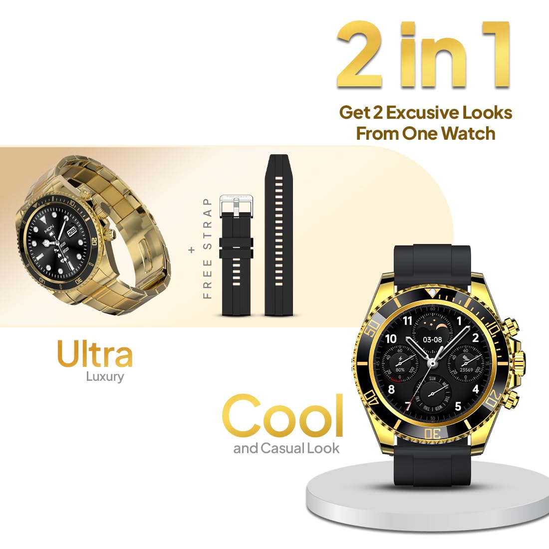 Fire-Boltt Avalanche Stainless Steel Smart Watch With Extra Silicone Strap, 2 Watch Looks - Sporty & Fomal, Bluetooth Calling with 1.28” HD Display, 2 Button Pushers (Gold Black) - Personal Computer from Fire-Boltt - Shop in Sri Lanka at Arcade.lk