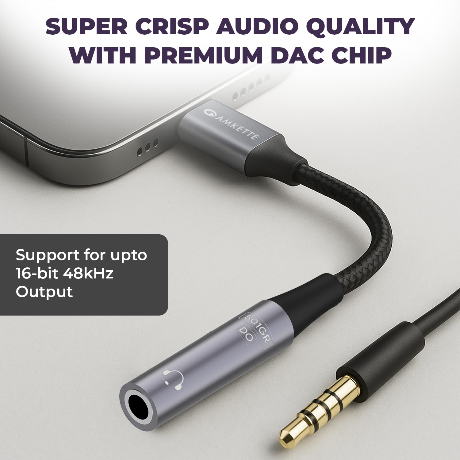 Amkette Type C to 3.5mm Audio Jack Connector | DAC Chipset | Kevlar Braided Cable | Compatible with iPhone 16,15 Series & Other Type C Phones | Premium Aluminum Build | Plug & Play Compatibility