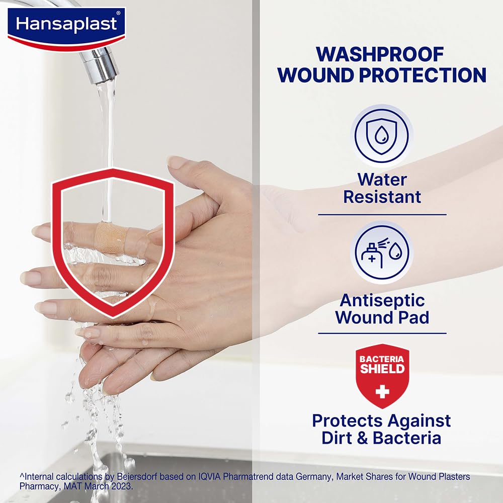 Hansaplast Antiseptic Washproof Bandage for injury & wounds | 100 Strips | First Aid | Water resistant | Provides Comfort to the Wound in Water | For Kids & Adults