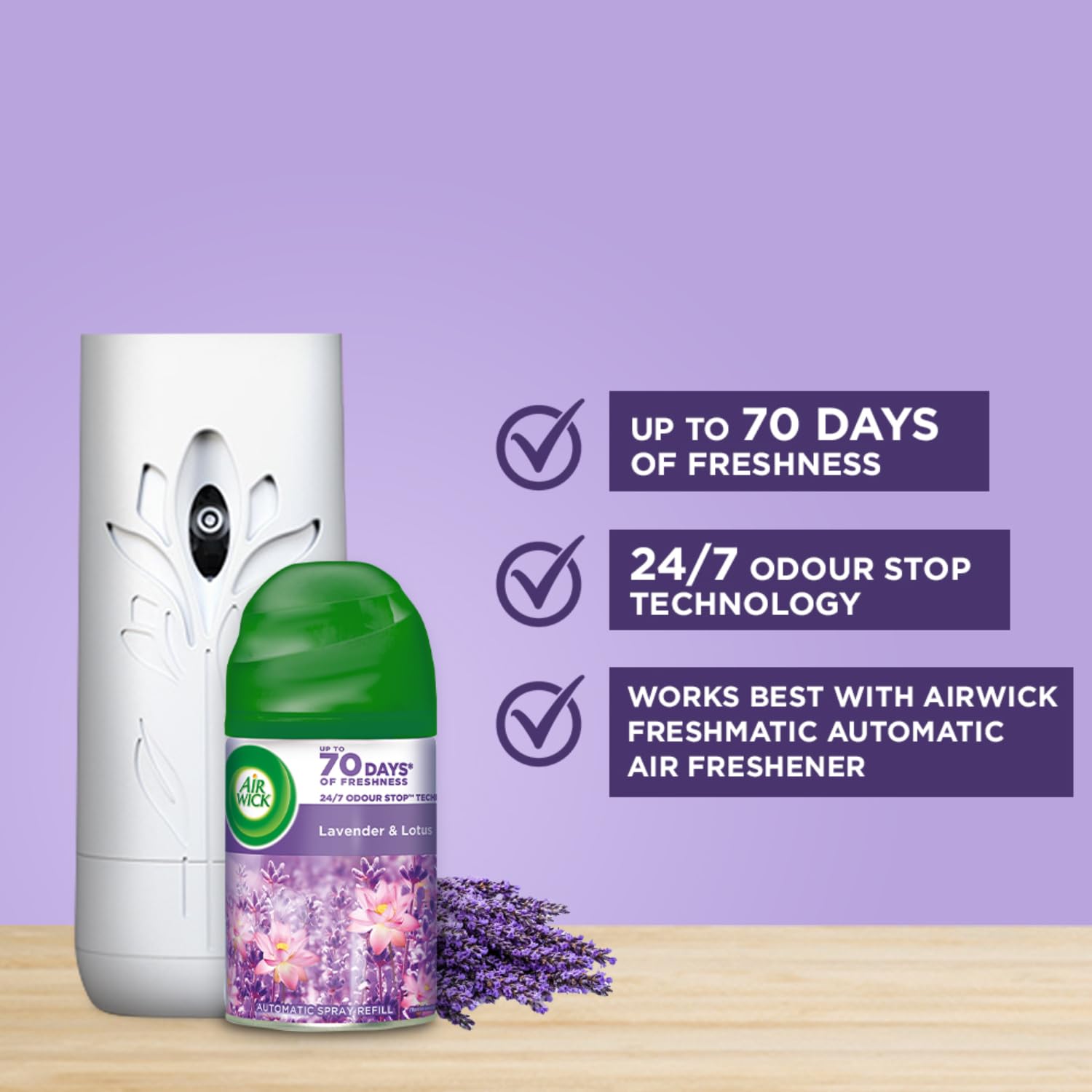 Air Wick 250 ml - Lavender & Lotus, Freshmatic Automatic Air Freshener Refill | 2600 Sprays Guaranteed | Automatic Room Freshener, Bathroom Freshener and Room Spray