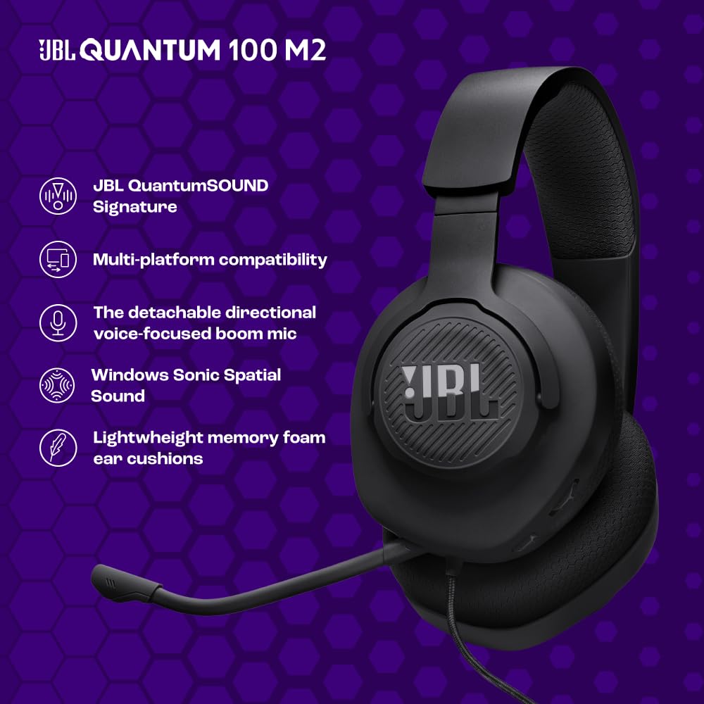 JBL Quantum 100M2 Wired Gaming Headphones, Supports Windows sonic spatial audio, 40mm Realistic Dynamic Drivers, Omnidirectional Detachable Mic, Breathable Memory Foam cushions, PC/Xbox/PS/3.5mm-Black