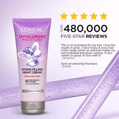 L'Oreal Paris Hyaluron Moisture Hydra Filling Leave-in Night Cream, Powered by Hyaluronic Acid, For Dry & Dehydrated Hair, Volume-180ml, Makes hair frizz-free, bouncy and hydrated for up to 72HR