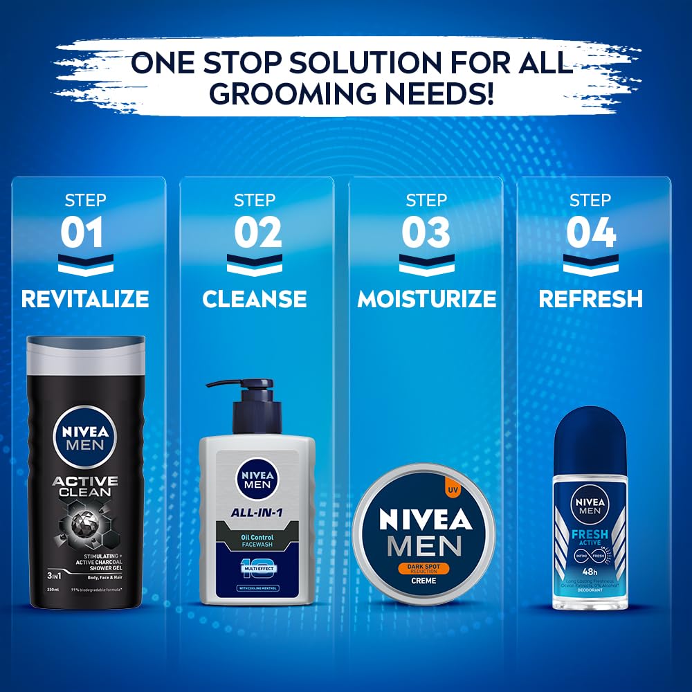 NIVEA MEN All in 1 Charcoal Face Wash | Natural Charcoal, Gluta, AHA & Vitamin C | Helps Reduce the Appearance of Tan | Removes Excess Oil and Minimizes Pores | For Bright Radiant Skin | 150g