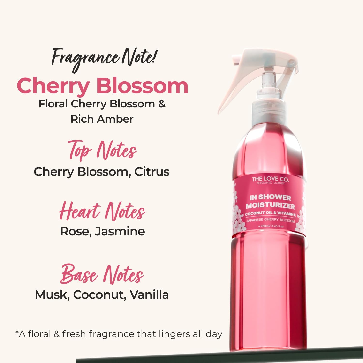 THE LOVE CO Japanese Cherry Blossom In-Shower Body Moisturizer | Coconut Oil & Shea Oil | For All Skin Types | Hydrates & Plumps | Reduces Dryness & KP Bumps | Non-Greasy (250ml)
