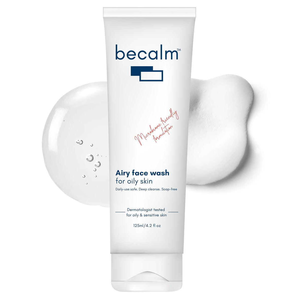 Becalm Daily Salicylic Acid Face Wash for Oily & Acne Prone Skin | Airy face wash for Men & Women | Soap & Sulphate free | Microbiome friendly | With Quaternium - 73 & Prebiotic | No fragrance(125 ml)