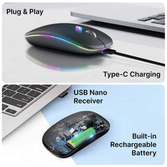 pTron Flick M1 Slim Wireless Mouse w/Rechargeable Battery, Dual Connectivity 2.4Ghz & BT, 4 Buttons, 1000/1200/1600 DPI, Vivid LED Lights, Silent Operation, Plug & Play, Type C Charging (Black)