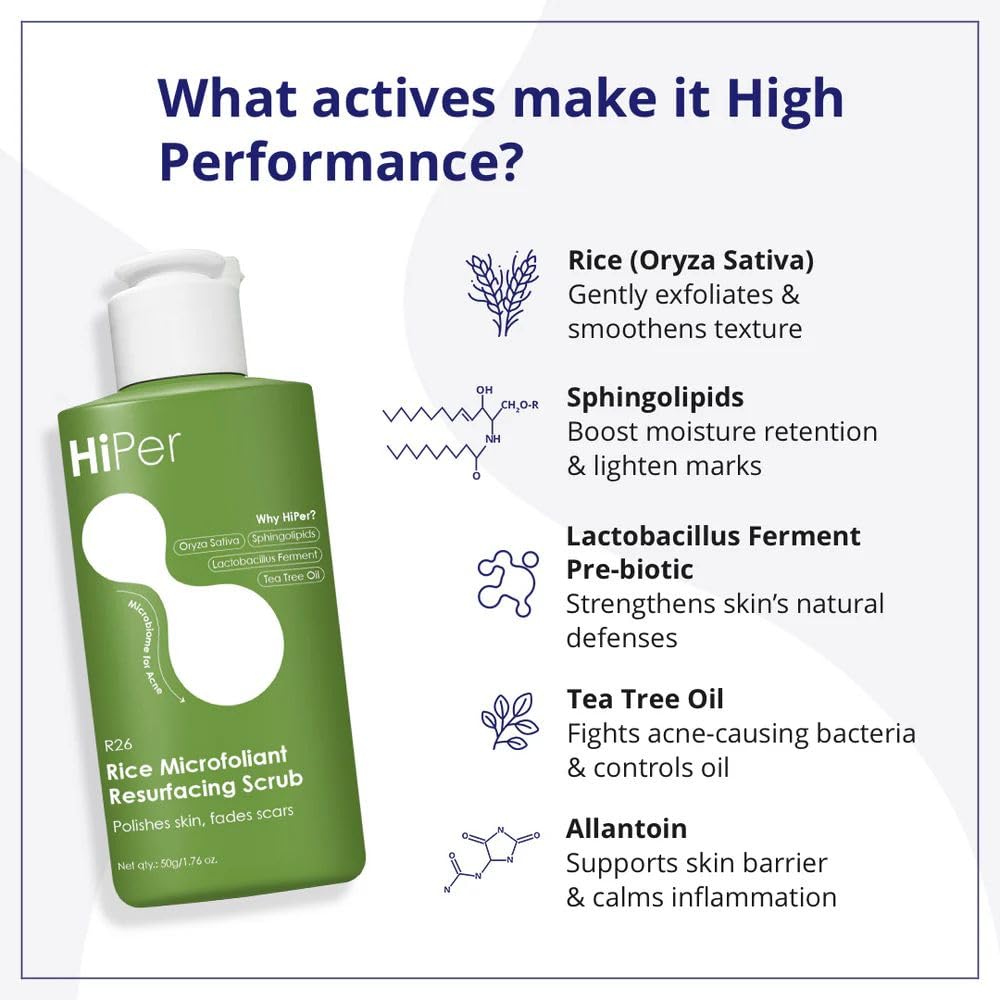 HiPer Rice Microfoliant Resurfacing Face Scrub (50 gm) | Gentle Exfoliation with Rice & Tea Tree Oil | Polishes Skin & Fades Scars | For Acne Prone Skin