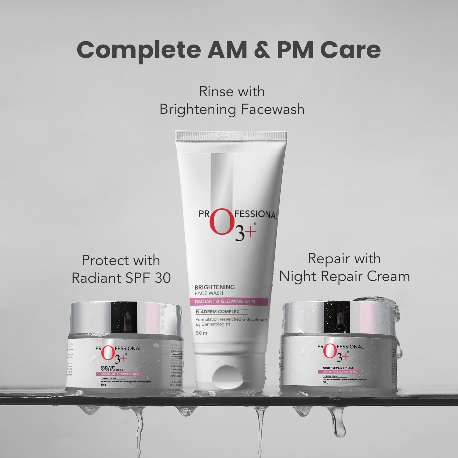 O3+ Brightening Face Wash for Glowing Skin | Removes Tan & Dullness | Niacinamide, Aloe & Cucumber | Soap-Free, Hydrating Cleanser for Men & Women, 50 ml