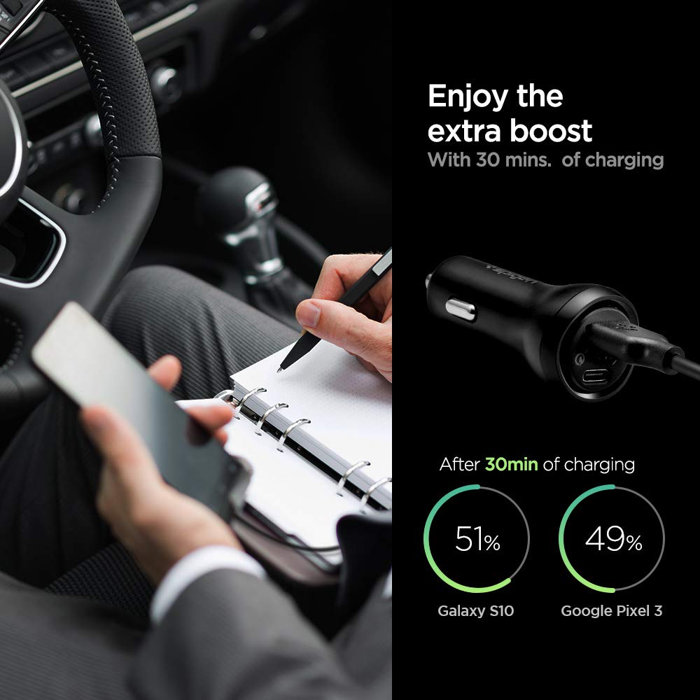 Spigen Car Charger Adapter F31QC Max 45w (27W+18W)[PD3.0][QC3.0] Quick and Fast Charging - Black